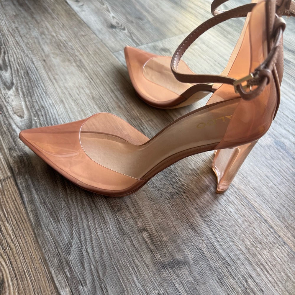 ALDO Deedee Pointy Toe Pump Strappy Heeled Shoes Size 8 Nude Tan Clear - Picture 3 of 6